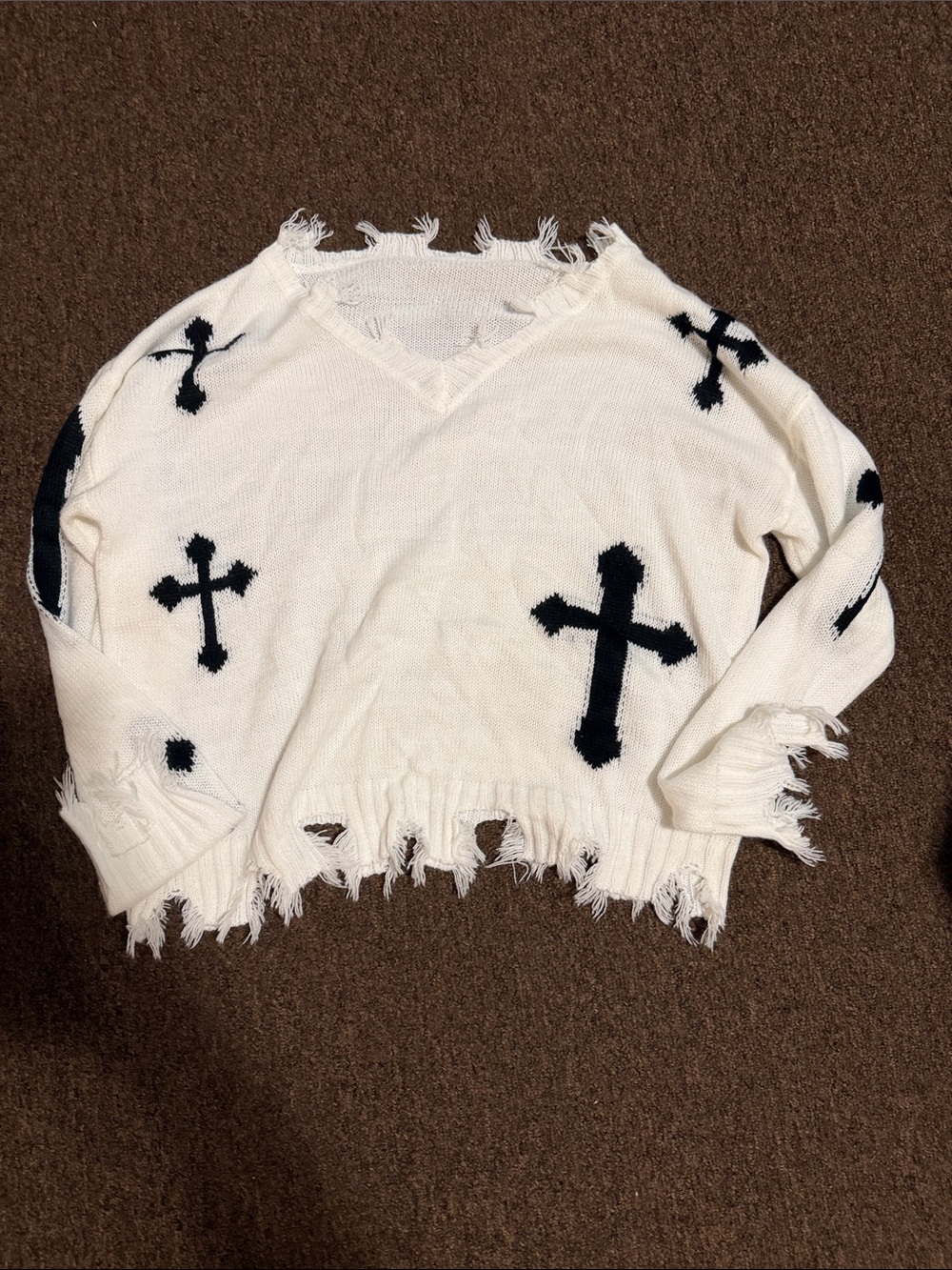 SHEIN Cream Distressed Cropped Sweater with Black Cross Motif